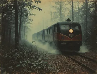 A vintage locomotive train traveling through a foggy dense forest with tall trees and leafy underbrush, emitting steam and light through misty air on old railway tracks.