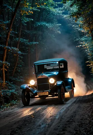 Vintage Ford Model T car with headlights on driving through a dark, forested dirt road at night, kicking up dust on a banked turn.