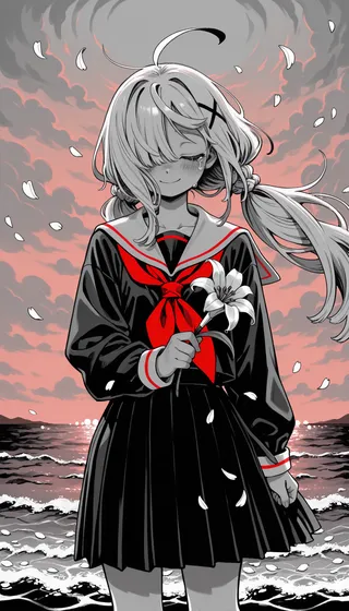 Greyscale anime-style portrait of a girl with platinum braided twintails wearing a black serafuku with red accents, holding a white lily flower, standing by the ocean under a cloudy sky with falling white petals.