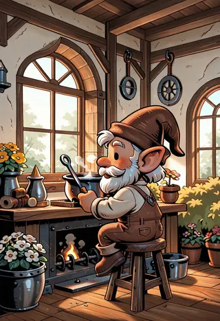 Chibi-style gnome blacksmith sitting on a stool in a cozy workshop, wearing a brown hat and overalls, working by the forge with flowers and wooden interior visible.
