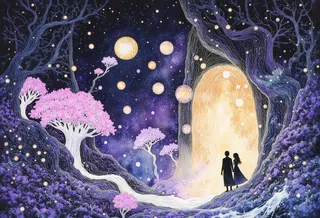 A magical forest scene with twisting purple trees and blooming pink trees around a glowing golden doorway filled with swirling stardust; a silhouetted couple stands at the threshold about to enter a fantastical dreamscape.