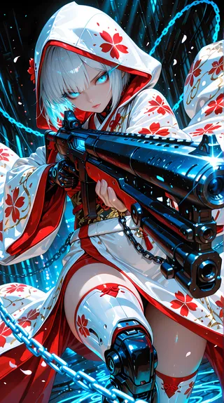 A cyberpunk girl with white short hair and blue glowing eyes wearing a white kimono with red sakura patterns, aiming a detailed rifle, featuring a prosthetic cyber leg, dynamic pose, and glowing blue chains on a dark background.
