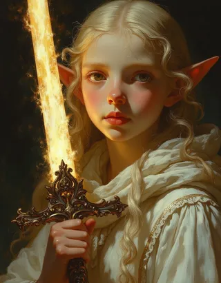 Close-up oil painting of an albino petite elf paladin with pointed ears holding a shimmering glowing sword, detailed in the style of Rembrandt.