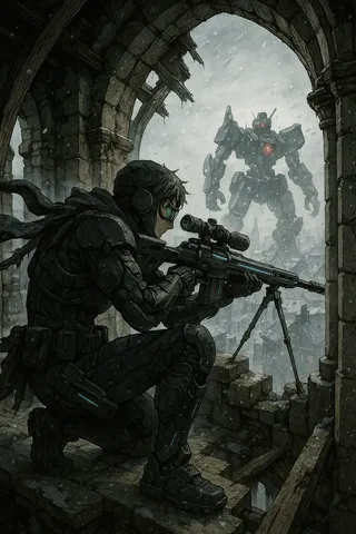 A sci-fi sniper in tactical armor crouches with a railgun sniper rifle inside a crumbling stone archway during a snowy winter scene, aiming at a distant towering mecha robot in a ruined city.