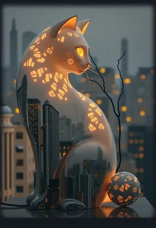 Decorative lamp shaped like a sitting cat with raised tail, featuring warm light glowing through abstract patterns and a black futuristic urban cityscape reflected on its surface on a blurred gray background with soft shadows.
