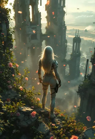 A silver-haired woman wearing a white combat suit stands on a floral overgrown ledge overlooking ruins of tall skyscrapers in a misty, post-apocalyptic cityscape.