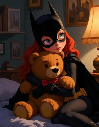 A radiant young teen Batgirl wearing a black and yellow suit and mask hugs a fluffy brown teddy bear with a red ribbon inside her cozy, warmly lit bedroom, painted in a Rembrandt-inspired oil style.