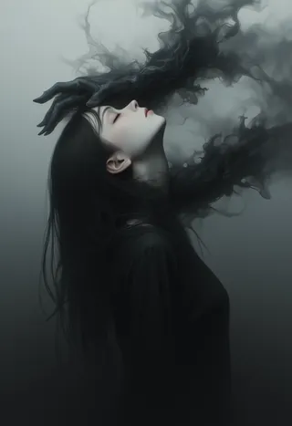 A haunting digital artwork of a pale woman with closed eyes, dark hair, and a black top, as a ghostly, smoke-like hand emerges from her head enveloping her face and neck in a surreal, misty atmosphere.