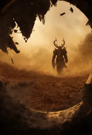 View through a cracked helmet visor revealing a horned paladin in dented armor walking across a desolate battlefield shrouded in ash and dust with muted ochre and umber tones.