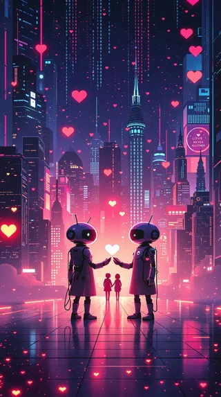 Two android robots exchanging a glowing heart-shaped love letter in a neon-lit futuristic cityscape with binary code raining down and pink hearts floating.