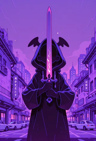A faceless hooded boy with small wings holding a giant glowing sword, standing in the middle of a purple-toned city street at night, illustrated in flat vector style.