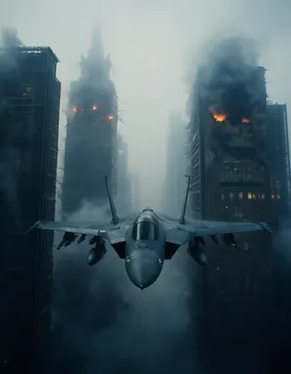 A fighter jet flies fast through a narrow gap between war-torn skyscrapers with fire and smoke rising against a cloudy, cinematic sky with film grain effects.