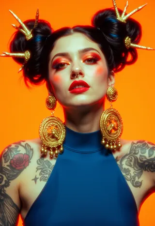 Digital portrait of a tattooed woman with dark hair styled in buns adorned with golden spiked headpieces, wearing large golden earrings, bold red makeup, and a blue high-neck top against an orange background.