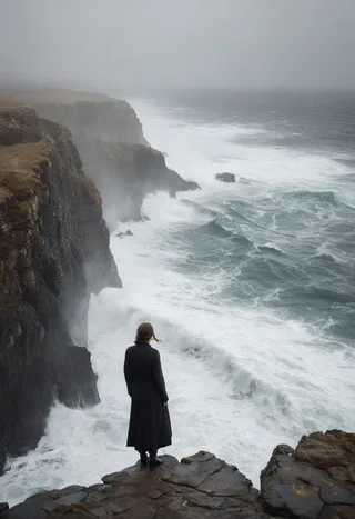A solitary figure in a long dark coat stands on the edge of a rugged cliff overlooking crashing turbulent waves and misty sea under a gray melancholic sky.