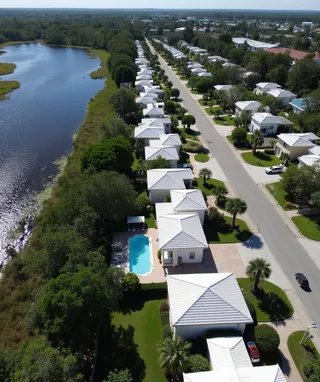Foto aérea de um bairro suburbano moderno da Flórida mostrando casas com telhados brancos e piscinas no quintal ao lado de um pântano natural com ciprestes e cursos d'água.