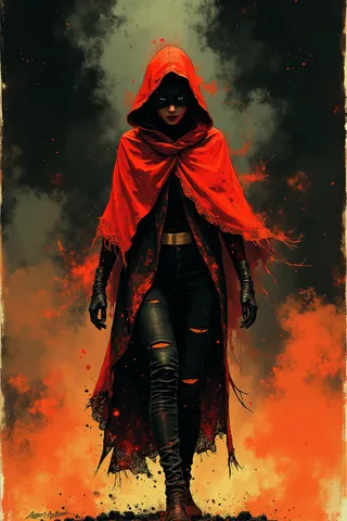 A mysterious figure cloaked in a vibrant, tattered red shawl walks forward through thick atmospheric fog and dark shadows, with intricate lace-like edges and glowing red accents.