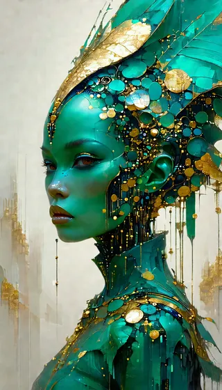 Waist-high portrait of an alien race female with cybergoth fashion in teal and gold colors, intricate design with sharp focus and detailed textures.