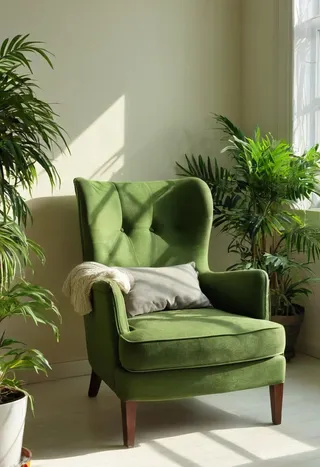 Green armchair next to a bright window, surrounded by lush indoor plants, creating a peaceful and minimalist interior setting.