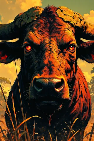 Close-up of a massive bull with deep creases on its rugged hide, piercing crimson-red glowing eyes, curved horns, standing in golden savanna light.