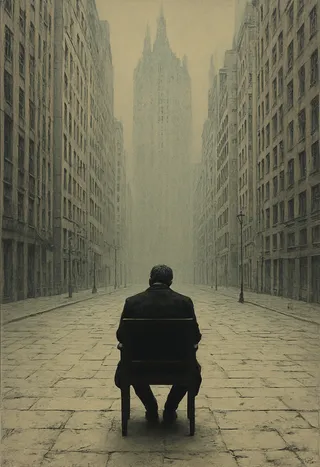 A despondent man sitting on a chair alone in the middle of a deserted city street, surrounded by tall, oppressive buildings in muted, bleak colors emphasizing psychological tension and existential themes.