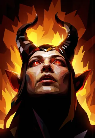 Low-polygon style digital portrait of a demoness sorceress looking upward with glowing red eyes and backward curling horns, fiery amber and dark black background.