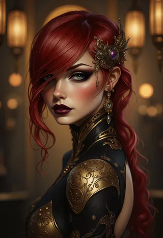 Portrait of a redhead bartender with green eyes wearing an ornate black and gold Art Deco outfit and intricate golden jewelry, against a warm, blurred background.