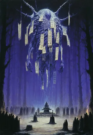 A large, bloated, floating creature covered in hanging parchment strips and sealed eyes, its tattooed flesh marked with vanishing symbols. It hovers above a void altar encircled by cloaked, whispering monks, set against a dark alien forest in deep blues and purples rendered in oil painting style with thick brushwork and smoky atmosphere.