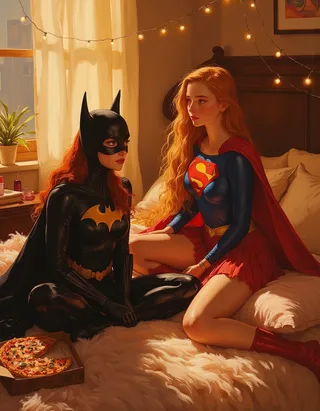 Oil painting of Batgirl and Supergirl at a cozy slumber party in a warmly lit bedroom, with string lights and a pizza box adding to the relaxed atmosphere.