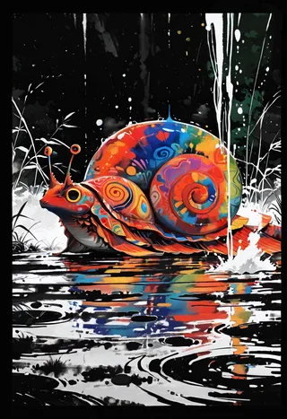 A vibrant colorful snail with intricate patterns on its shell, surrounded by dynamic ink splashes and reflections in water, with a detailed black and white background.