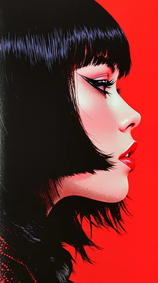 Close-up profile of a Japanese cyberpunk woman in bold pop-art style with halftone textures, featuring black bob hair and crimson lips against a red background.