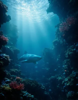 A great white shark swims gracefully through a colorful underwater coral reef illuminated by soft blue and turquoise cinematic lighting with fluorescent coral and reef fish.