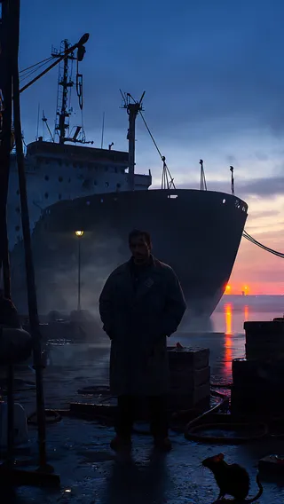 A silhouetted man stands on a wet dock at twilight in a decaying shipyard with a large cargo ship behind him, fog swirling near his feet, illuminated by a distant streetlamp, and a rat in the foreground.