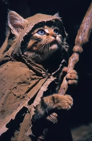 A realistic tabby cat with expressive blue eyes wearing a tattered medieval-style brown cloak, grasping a weathered wooden staff in its right paw against a dark background.