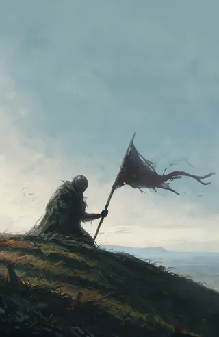 Silhouetted figure holding a tattered flag on a hilltop under a calm, windy, and eerie sky with soft clouds.