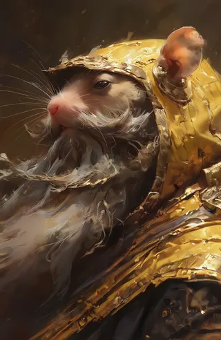 Realistic detailed side view of a hamster wearing golden armor and a helmet, featuring a long epic beard, captured from a low tilted angle.