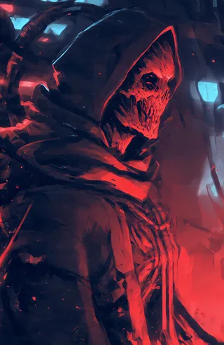 Digital painting of a red skeletal humanoid wearing a hooded cloak, featuring a menacing grin and mechanical details set against a dark futuristic background with red and blue lights.