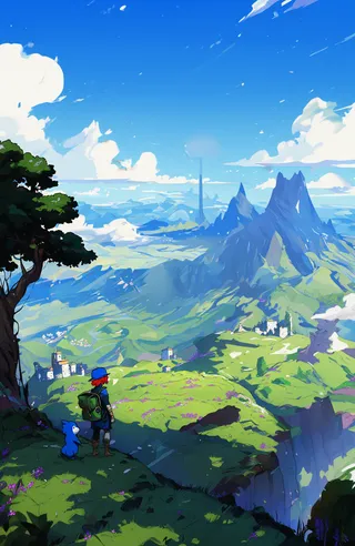 A vibrant expansive landscape under a bright blue sky with scattered white clouds, featuring a red-haired character wearing a blue hat and green backpack, standing near a twisted tree beside a small blue creature, overlooking rolling green hills, purple flowers, white buildings, jagged mountains, and a tall cylindrical tower on the horizon.
