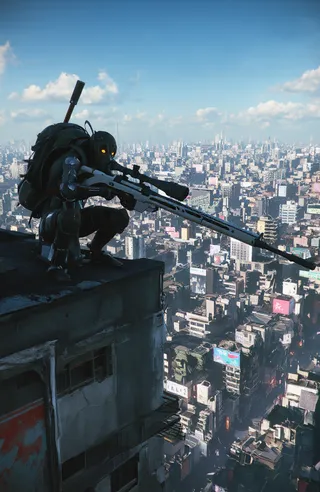 A crouching armored female sniper with glowing orange eyes and a gas mask on a rooftop overlooking a sprawling cyberpunk cityscape under a clear blue sky.