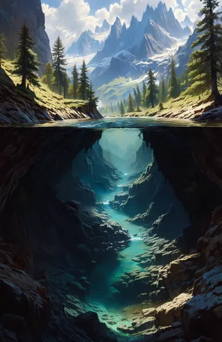 A bright mountainous landscape with a turquoise river flowing through a rocky canyon, snow-capped peaks in the background, and green pine trees on cliffs. Underwater, a shadowy rocky canyon riverbed is visible.
