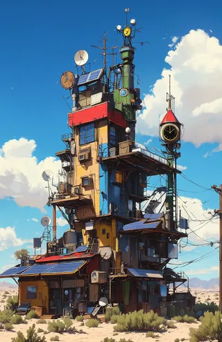 Tall quirky steampunk-style building in desert with solar panels, satellite dishes, and a clock tower under a bright blue sky with white clouds.