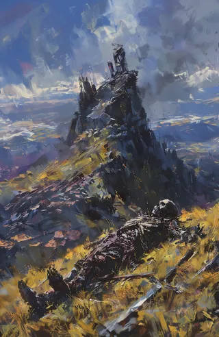 Detailed realistic depiction of a skeleton lying on a grassy hill with mountainous ruins and a cloudy overcast sky in the background.