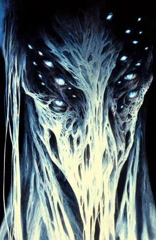 A dark eerie creature with multiple clusters of glowing blue eyes set in deep hollow sockets and rough matted skin resembling wet decaying fabric, hanging tendrils, and shadowy lighting.