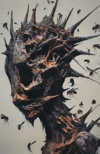 Close-up of a decaying spiky plant head with rust-colored textured bark and sharp metallic spikes, surrounded by numerous dark insects flying against a smooth gray background.