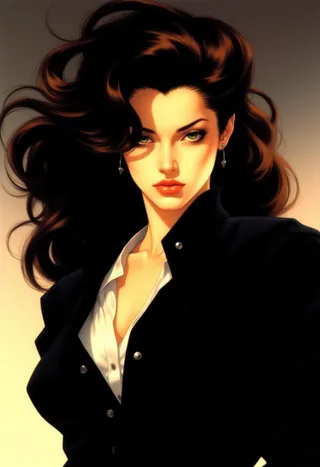 Digital painting of a young woman with flowing dark brown hair, green eyes, and red lips wearing a black button-up jacket over a white shirt, against a beige gradient background.