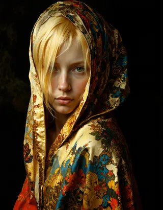 Portrait of a woman with golden hair partially hiding her face under a richly patterned, colorful rococo shawl illuminated by chiaroscuro lighting against a dark background