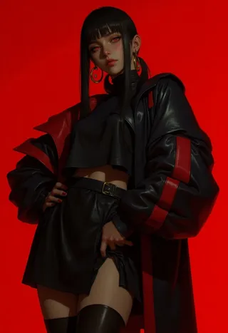 Figure androgyne aux longs cheveux noirs et yeux rouges vifs portant une veste en cuir noir avec des accents rouges, un crop top, une jupe et des bas noirs jusqu'en haut des cuisses, posée avec assurance sur un fond rouge vibrant, accentuée par de grandes boucles d'oreilles en or.