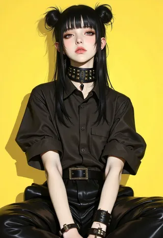 Illustration numérique d'une jeune femme avec des chignons noirs désordonnés, portant une chemise noire surdimensionnée, un collier et des bracelets en cuir noir, assise devant un fond jaune.