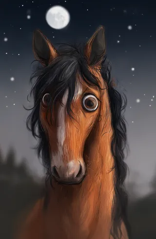 A realistic detailed portrait of a horse with expressive googly eyes under a night sky featuring a bright moon and sparkling stars.