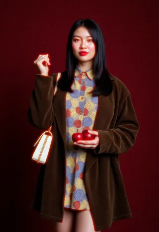 Portrait of an East Asian woman with long black hair, wearing a brown corduroy coat over a colorful patterned dress, holding red apples and a white handbag with a gold chain, standing against a deep red textured backdrop.