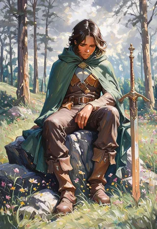 A middle-aged ranger with dark brown hair and short beard sits on a rock in a forest clearing, wearing brown leather gear and a green cloak, beside a large ornate sword, surrounded by grass and flowers under a cloudy sky in impressionistic oil painting style.